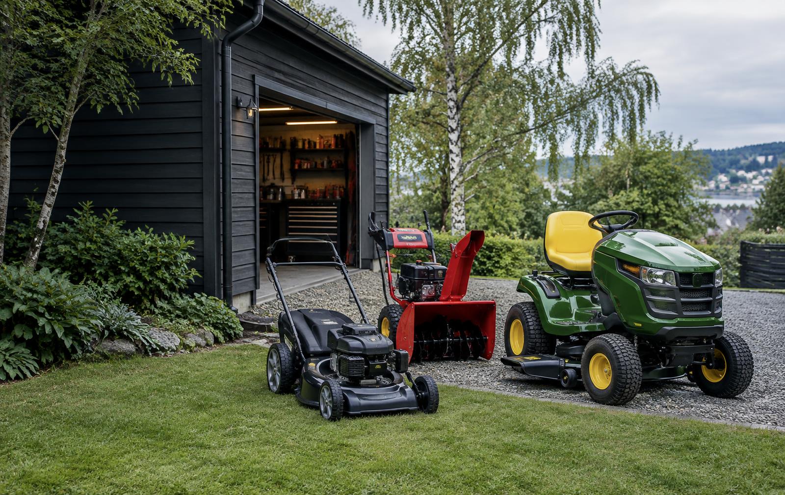 Hagetraktor, snøfreser og gressklipper ved en norsk garasje