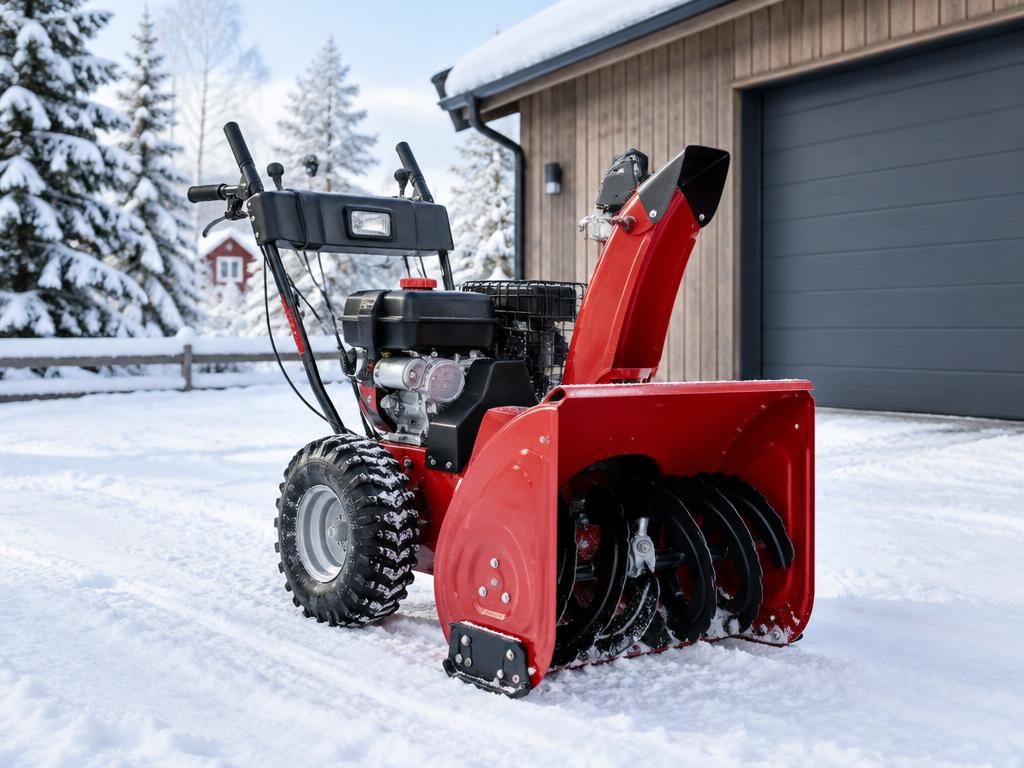Rød snøfreser utenfor en garasje